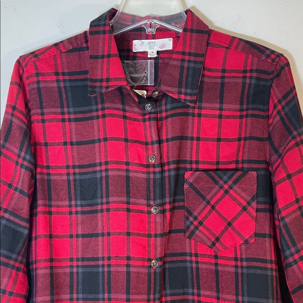 Hippie Rose Boho Red and Black Plaid Flannel Shirt. M. NWT. - Picture 4 of 10